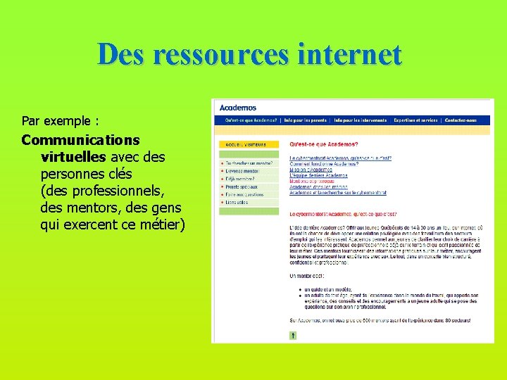 Des ressources internet Par exemple : Communications virtuelles avec des personnes clés (des professionnels,