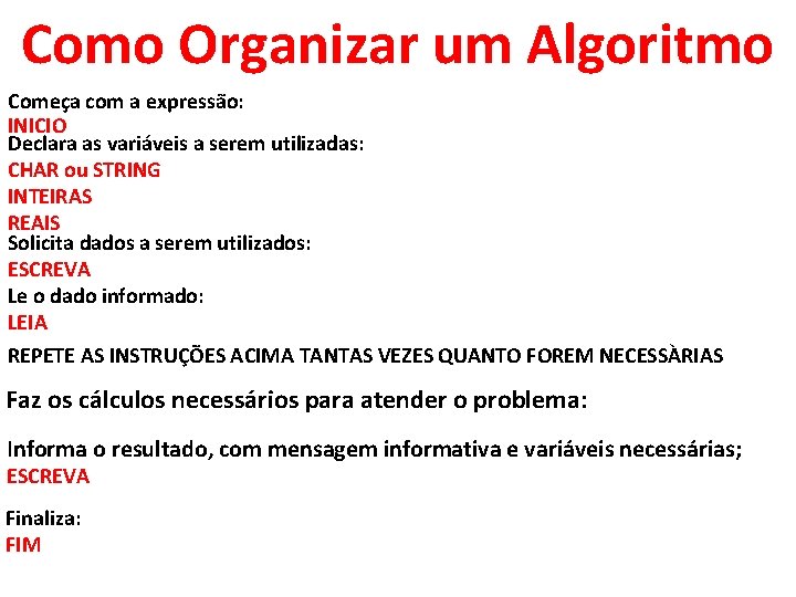 Como Organizar um Algoritmo Começa com a expressão: INICIO Declara as variáveis a serem Como Organizar um Algoritmo Começa com a expressão: INICIO Declara as variáveis a serem