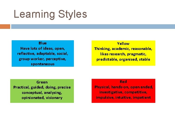 Learning Styles Blue Have lots of ideas, open, reflective, adaptable, social, group worker, perceptive,