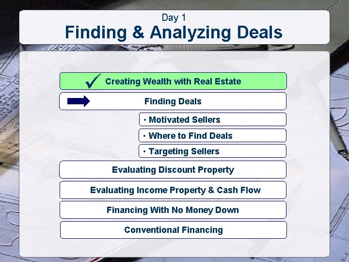 Day 1 Finding & Analyzing Deals ü Creating Wealth with Real Estate Finding Deals