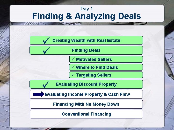 Day 1 Finding & Analyzing Deals ü ü Creating Wealth with Real Estate Finding
