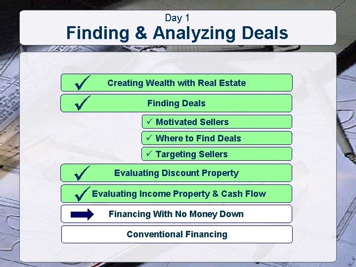 Day 1 Finding & Analyzing Deals ü ü Creating Wealth with Real Estate Finding