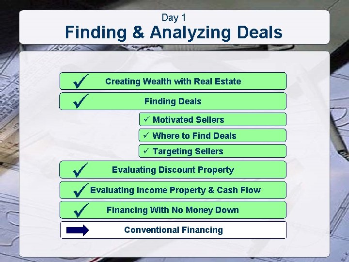 Day 1 Finding & Analyzing Deals ü ü Creating Wealth with Real Estate Finding