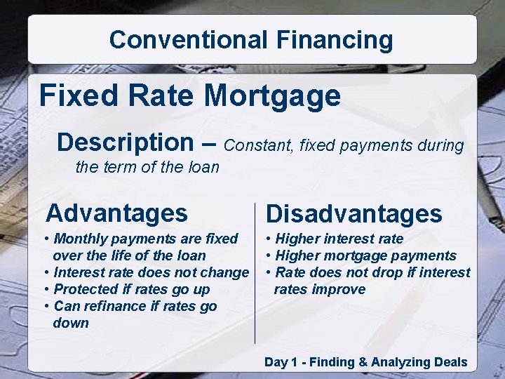 Conventional Financing Fixed Rate Mortgage Description – Constant, fixed payments during the term of