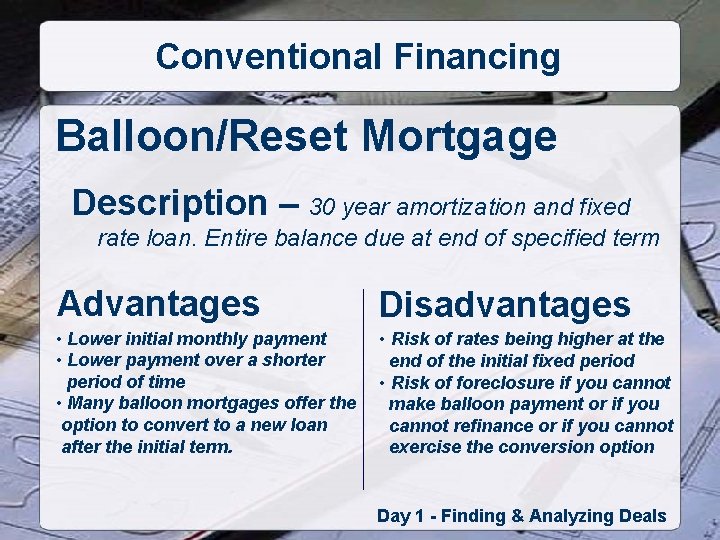 Conventional Financing Balloon/Reset Mortgage Description – 30 year amortization and fixed rate loan. Entire
