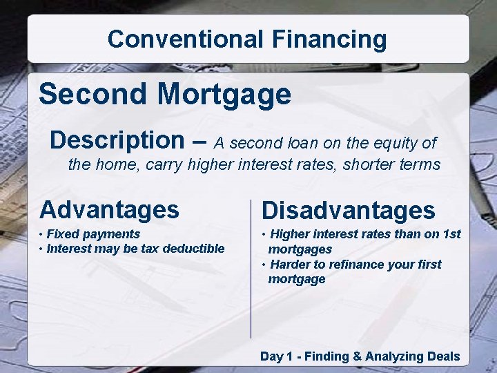 Conventional Financing Second Mortgage Description – A second loan on the equity of the