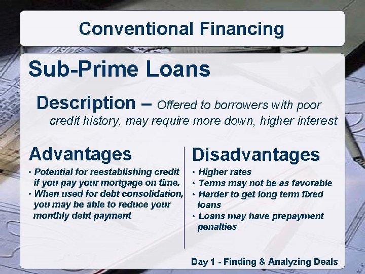 Conventional Financing Sub-Prime Loans Description – Offered to borrowers with poor credit history, may