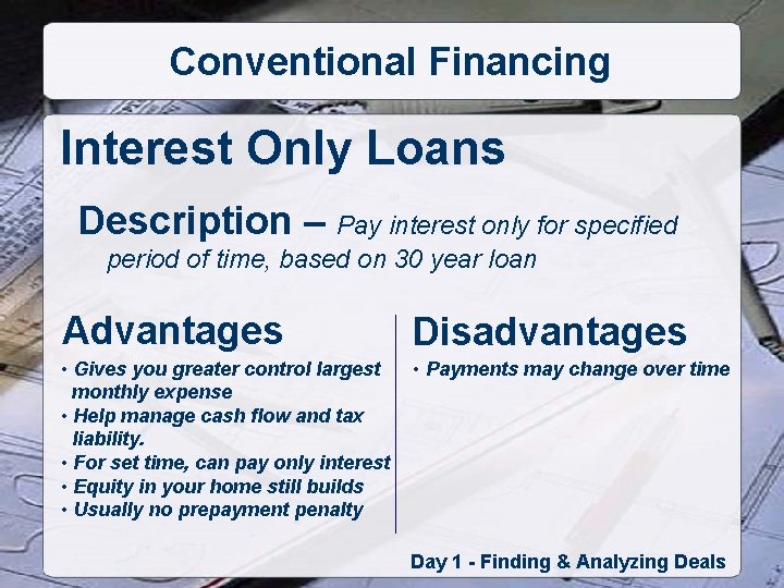 Conventional Financing Interest Only Loans Description – Pay interest only for specified period of