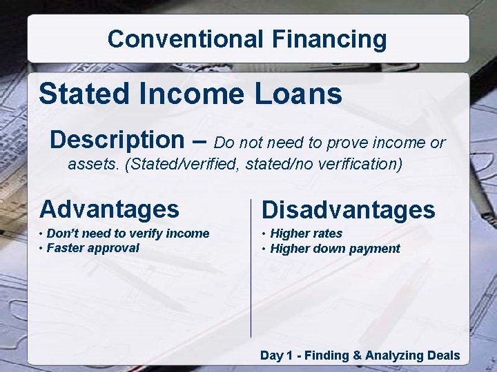 Conventional Financing Stated Income Loans Description – Do not need to prove income or