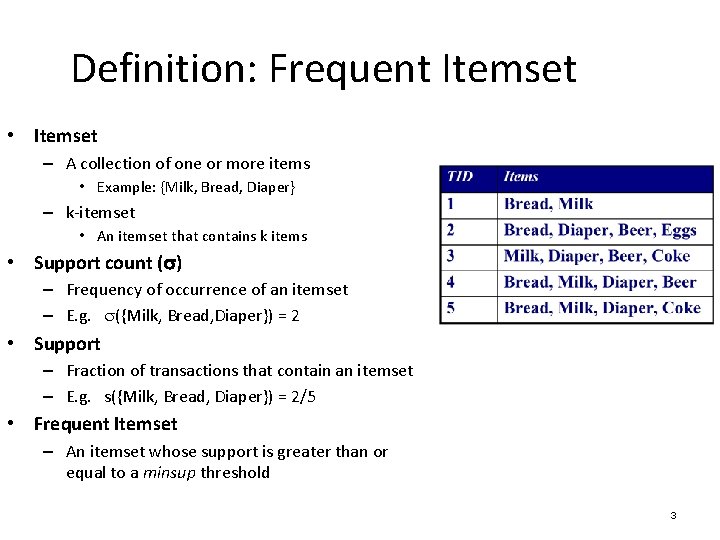 Definition: Frequent Itemset • Itemset – A collection of one or more items •
