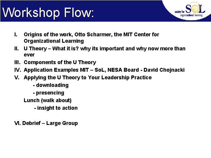 Workshop Flow: I. III. IV. V. Origins of the work, Otto Scharmer, the MIT