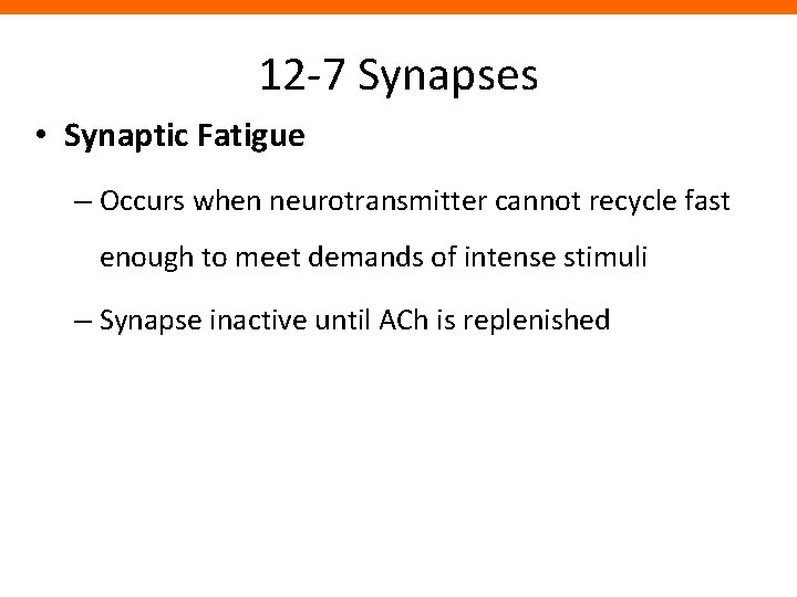 12 -7 Synapses • Synaptic Fatigue – Occurs when neurotransmitter cannot recycle fast enough
