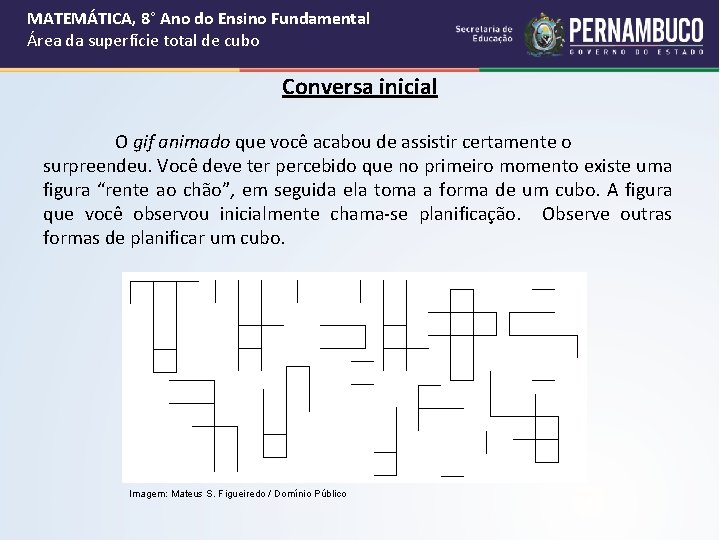 MATEMÁTICA, 8° Ano do Ensino Fundamental Área da superfície total de cubo Conversa inicial MATEMÁTICA, 8° Ano do Ensino Fundamental Área da superfície total de cubo Conversa inicial
