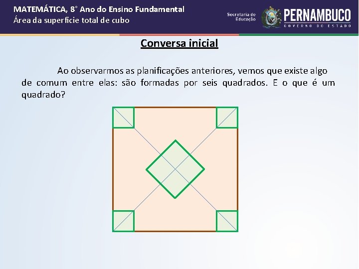 MATEMÁTICA, 8° Ano do Ensino Fundamental Área da superfície total de cubo Conversa inicial MATEMÁTICA, 8° Ano do Ensino Fundamental Área da superfície total de cubo Conversa inicial