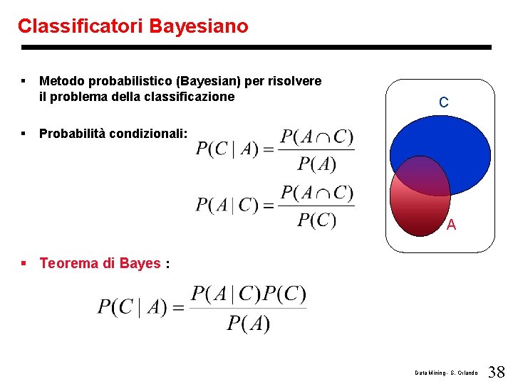 Classificatori Bayesiano § § Metodo probabilistico (Bayesian) per risolvere il problema della classificazione C