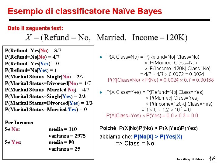 Esempio di classificatore Naïve Bayes Dato il seguente test: P(Refund=Yes|No) = 3/7 P(Refund=No|No) =