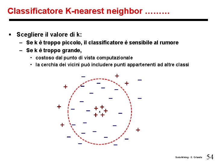 Classificatore K-nearest neighbor ……… § Scegliere il valore di k: – Se k è