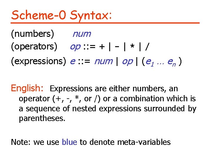 Scheme-0 Syntax: num op : : = + | - | * | /