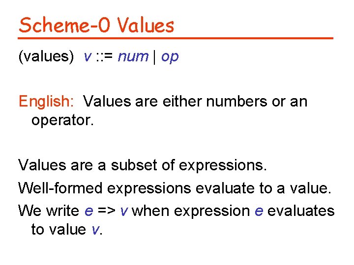 Scheme-0 Values (values) v : : = num | op English: Values are either