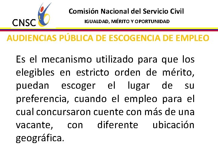 Comisión Nacional del Servicio Civil IGUALDAD, MÉRITO Y OPORTUNIDAD AUDIENCIAS PÚBLICA DE ESCOGENCIA DE