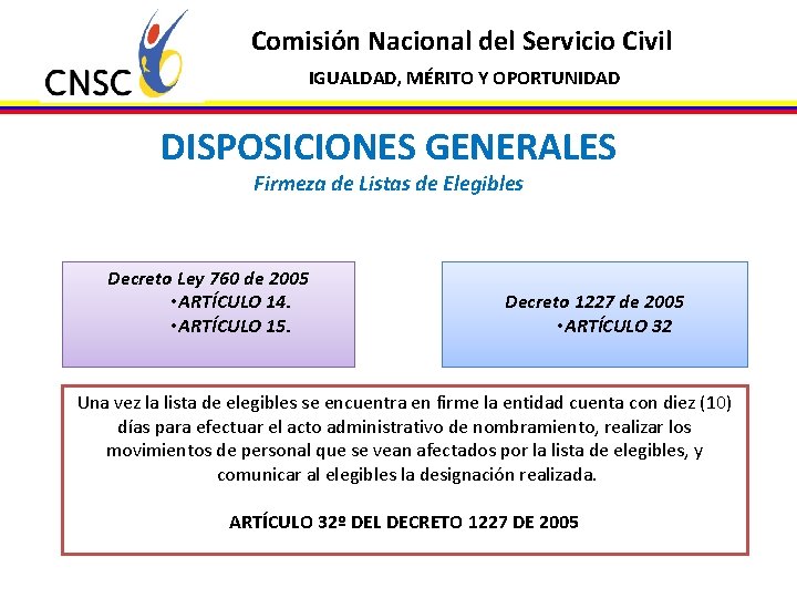 Comisión Nacional del Servicio Civil IGUALDAD, MÉRITO Y OPORTUNIDAD DISPOSICIONES GENERALES Firmeza de Listas