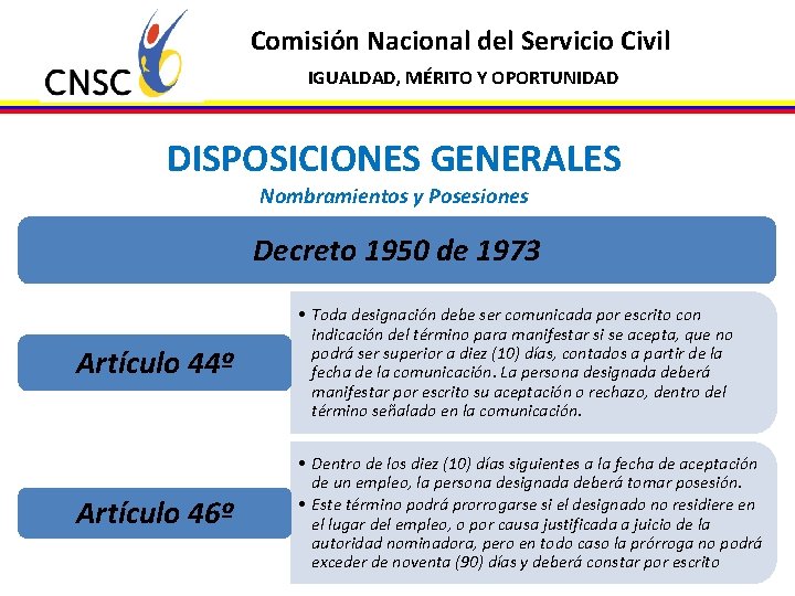 Comisión Nacional del Servicio Civil IGUALDAD, MÉRITO Y OPORTUNIDAD DISPOSICIONES GENERALES Nombramientos y Posesiones