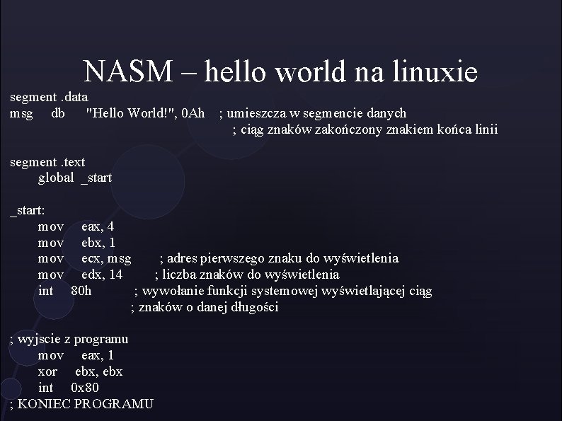 NASM – hello world na linuxie segment. data msg db "Hello World!", 0 Ah