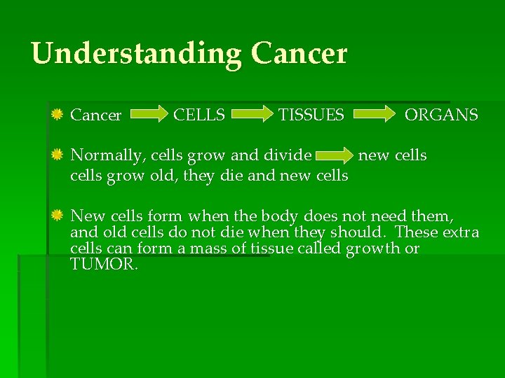 Understanding Cancer CELLS TISSUES ORGANS Normally, cells grow and divide new cells grow old,