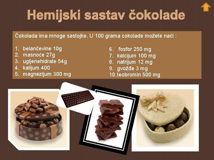 Hemijski sastav čokolade Čokolada ima mnoge sastojke. U 100 grama cokolade možete naći :