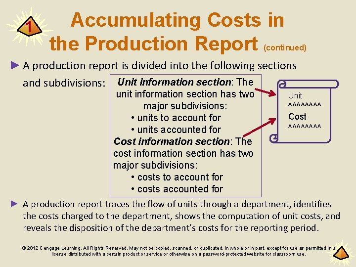 1 Accumulating Costs in the Production Report (continued) ► A production report is divided