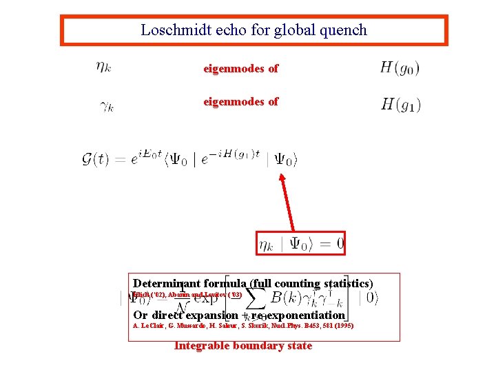 Loschmidt echo for global quench eigenmodes of Determinant formula (full counting statistics) Klich (’