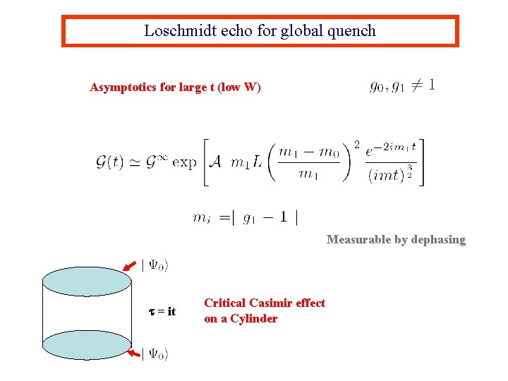 Loschmidt echo for global quench Asymptotics for large t (low W) Measurable by dephasing