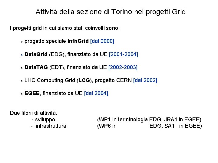 Attività della sezione di Torino nei progetti Grid I progetti grid in cui siamo