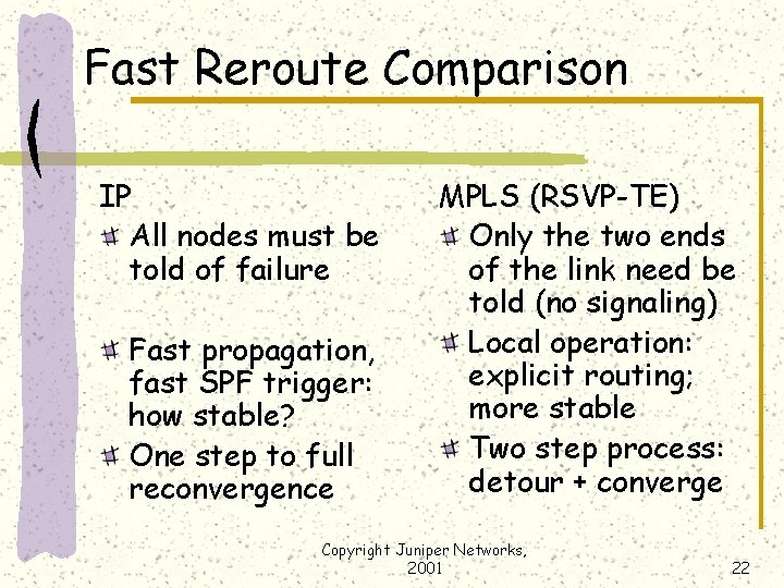 Fast Reroute Comparison IP All nodes must be told of failure Fast propagation, fast