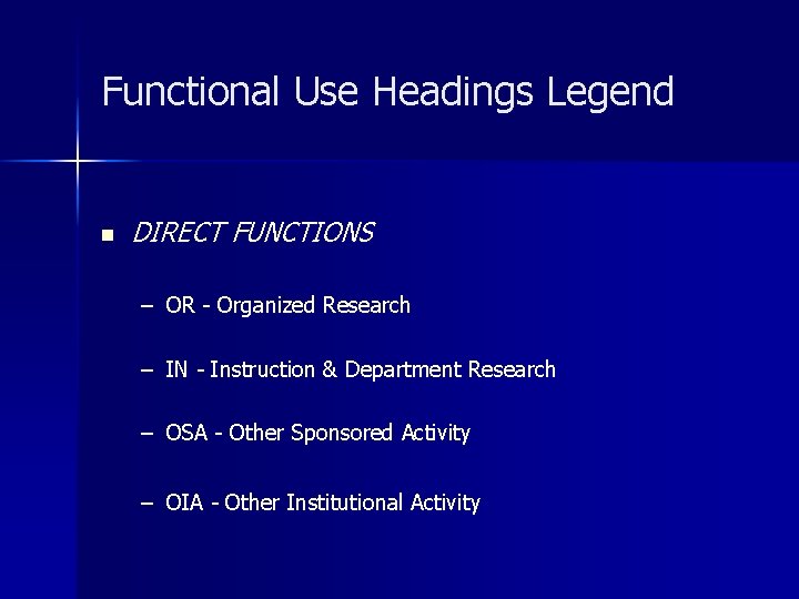 Functional Use Headings Legend n DIRECT FUNCTIONS – OR - Organized Research – IN