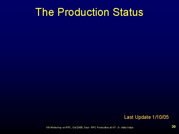 The Production Status Last Update 1/10/05 VIII Workshop on RPC, Oct 2005, Seul -
