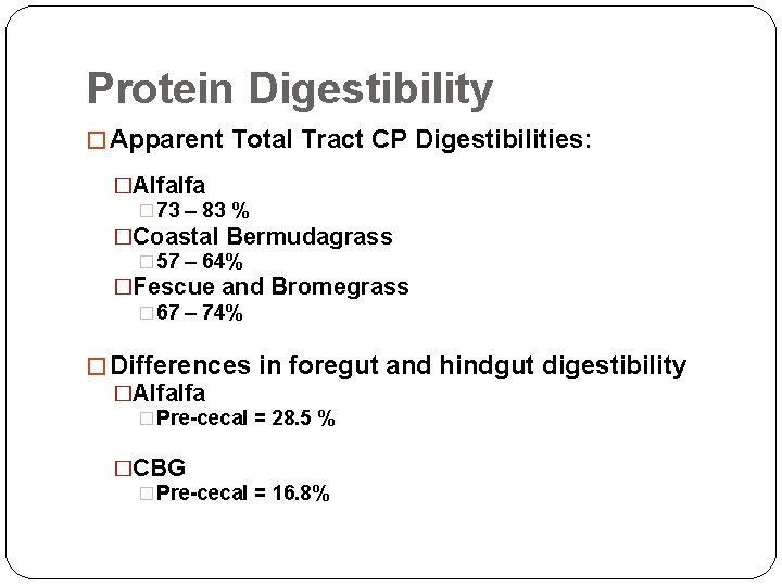 Protein Digestibility � Apparent Total Tract CP Digestibilities: �Alfalfa � 73 – 83 %
