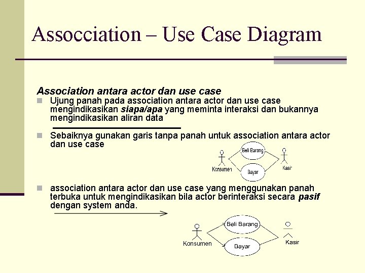 Assocciation – Use Case Diagram Association antara actor dan use case n Ujung panah