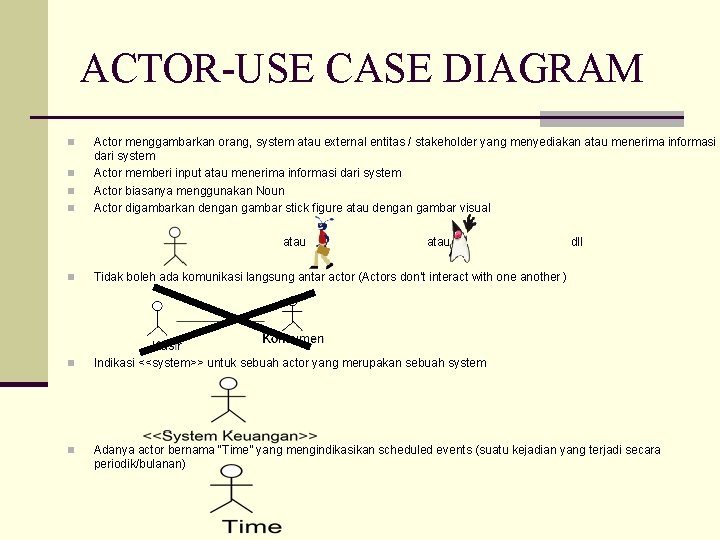 ACTOR-USE CASE DIAGRAM n n Actor menggambarkan orang, system atau external entitas / stakeholder