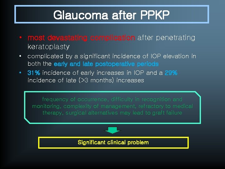 Glaucoma after PPKP • most devastating complication after penetrating keratoplasty • complicated by a