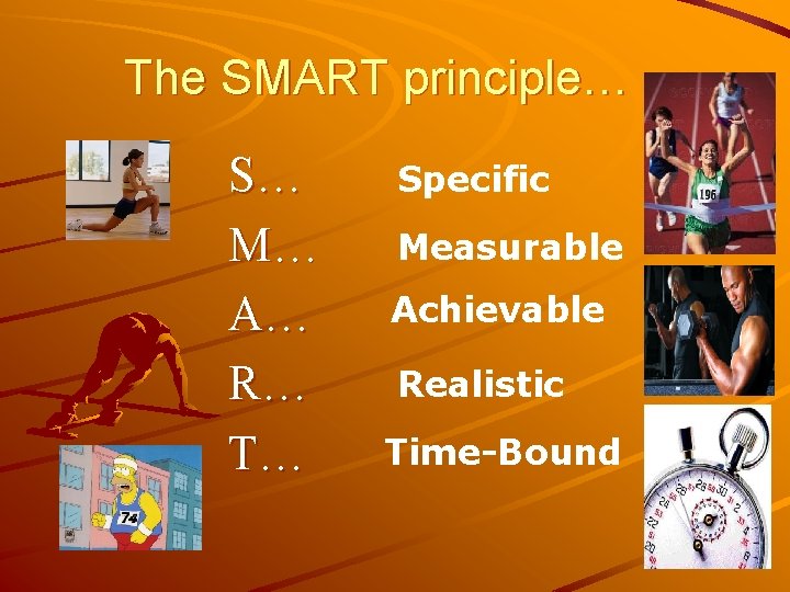 The SMART principle… S… M… A… R… T… Specific Measurable Achievable Realistic Time-Bound 