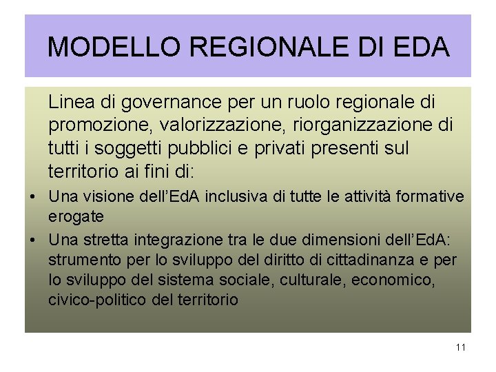 MODELLO REGIONALE DI EDA Linea di governance per un ruolo regionale di promozione, valorizzazione,
