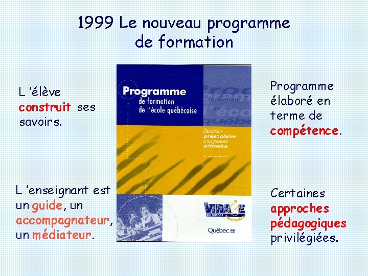 1999 Le nouveau programme de formation L ’élève construit ses savoirs. Programme élaboré en