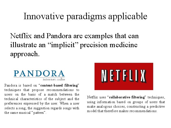 Innovative paradigms applicable Netflix and Pandora are examples that can illustrate an “implicit” precision