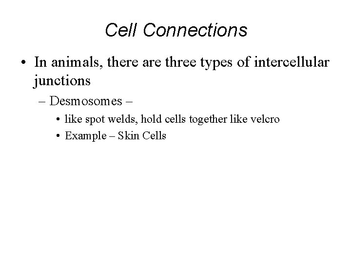 Cell Connections • In animals, there are three types of intercellular junctions – Desmosomes Cell Connections • In animals, there are three types of intercellular junctions – Desmosomes