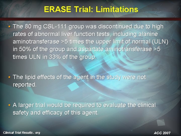 ERASE Trial: Limitations • The 80 mg CSL-111 group was discontinued due to high