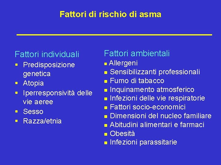 Fattori di rischio di asma Fattori individuali Fattori ambientali § Predisposizione genetica § Atopia