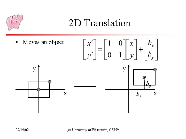 2 D Translation • Moves an object y y by x 02/19/02 bx (c)