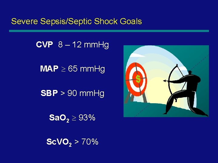 Severe Sepsis/Septic Shock Goals CVP 8 – 12 mm. Hg MAP 65 mm. Hg