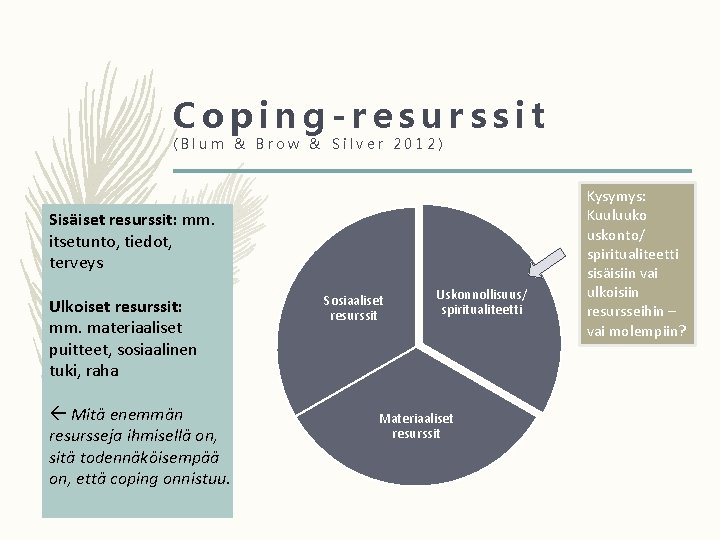 Coping-resurssit (Blum & Brow & Silver 2012) Sisäiset resurssit: mm. itsetunto, tiedot, terveys Ulkoiset